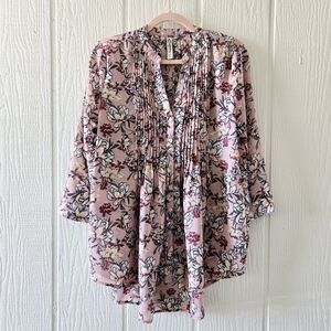 American Rag City Boho Floral V Neck Button Down Longsleeve Tunic Pink Small